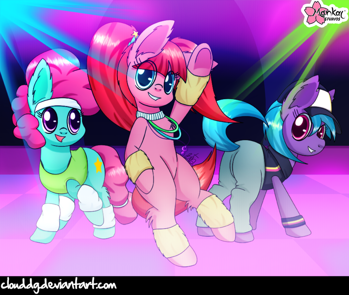 Size: 948x800 | Tagged: artist:clouddg, azure velour, cap, clothes, dancing, derpibooru import, flashdancer, group, hat, looking at you, open mouth, pacific glow, pacifier, pants, rave, safe, signature, smiling, tail twirl, the saddle row review