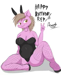 Size: 2362x2906 | Tagged: anthro, artist:brownieclop, big breasts, breasts, bunny ears, bunny suit, clothes, derpibooru import, female, fishnets, leotard, oc, oc:reppy, solo, solo female, suggestive, thong leotard, unguligrade anthro, unofficial characters only, wide hips