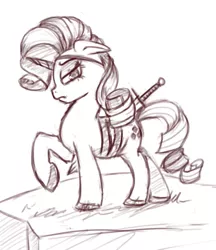 Size: 961x1113 | Tagged: alternate universe, artist:post-it, derpibooru import, eyepatch, monochrome, rarity, safe, sketch, solo, source needed, sword, sword rara, weapon