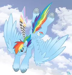 Size: 1222x1280 | Tagged: artist:inkbleederwolf, clothes, cloud, derpibooru import, dive bomb, flying, rainbow dash, rainbow jennifer dash, safe, scarf, sky, solo, unshorn fetlocks