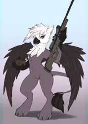 Size: 912x1280 | Tagged: safe, artist:wildshard, derpibooru import, edit, oc, oc:eraclea, unofficial characters only, anthro, gryphon, arctic warfare, awp, awp l96, bedroom eyes, belly button, bipedal, claws, explicit source, explosives, feather, featureless crotch, female, gradient background, grenade, gun, looking at you, nudity, open mouth, optical sight, rifle, scope, sfw edit, smiling, sniper, sniper rifle, solo, spread wings, weapon, wings