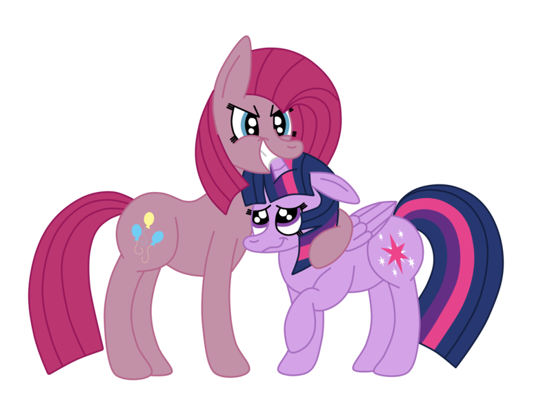 Size: 2592x1936 | Tagged: safe, artist:squipycheetah, derpibooru import, pinkie pie, twilight sparkle, twilight sparkle (alicorn), alicorn, pony, crouching, cute, female, floppy ears, folded wings, happy, height difference, hug, lesbian, looking at you, looking up, mare, nervous, nervous grin, pinkamena diane pie, possessive, protecting, raised hoof, shipping, simple background, smiling, teeth, transparent background, twinkie, vector, wavy mouth
