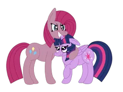 Size: 2592x1936 | Tagged: safe, artist:squipycheetah, derpibooru import, pinkie pie, twilight sparkle, twilight sparkle (alicorn), alicorn, pony, crouching, cute, female, floppy ears, folded wings, happy, height difference, hug, lesbian, looking at you, looking up, mare, nervous, nervous grin, pinkamena diane pie, possessive, protecting, raised hoof, shipping, simple background, smiling, teeth, transparent background, twinkie, vector, wavy mouth