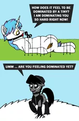 Size: 850x1299 | Tagged: suggestive, artist:closed closets, derpibooru import, oc, oc:closed closets, oc:snap feather, unofficial characters only, pony, ballgag, bdsm, bondage, gag, gay, giant pony, macro, male, micro, oc x oc, shipping, size difference, stallion