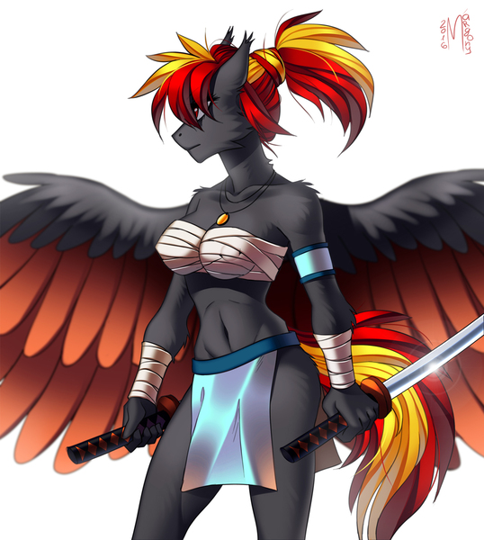 Size: 1344x1500 | Tagged: anthro, anthro oc, artist:margony, bandage, cheek fluff, colored wings, derpibooru import, ear fluff, female, jewelry, katana, necklace, oc, pegasus, simple background, solo, solo female, spread wings, suggestive, sword, unofficial characters only, weapon, white background, wings