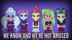 Size: 1280x720 | Tagged: safe, derpibooru import, screencap, indigo zap, lemon zest, sour sweet, sugarcoat, sunny flare, equestria girls, friendship games, angry, clothes, crossed arms, crystal prep academy uniform, crystal prep shadowbolts, looking at you, meme, school uniform, shadow five, shadowbolt comments, sour sweet is not amused, unamused, unleash the magic