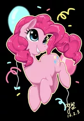 Size: 2598x3743 | Tagged: artist:ogre, balloon, black background, confetti, derpibooru import, pinkie pie, pixiv, safe, simple background, solo