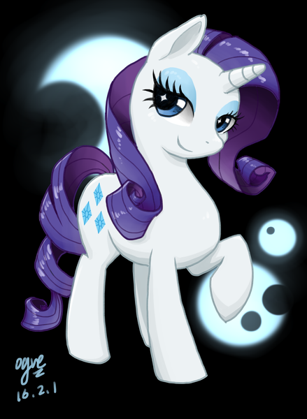 Size: 2480x3389 | Tagged: safe, artist:ogre, derpibooru import, rarity, black background, moon, pixiv, raised hoof, simple background, solo, wingding eyes