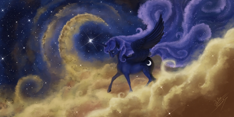 Size: 3720x1860 | Tagged: alternate version, artist:bluespaceling, cloud, derpibooru import, nebula, princess luna, safe, solo, space, stars, strolling