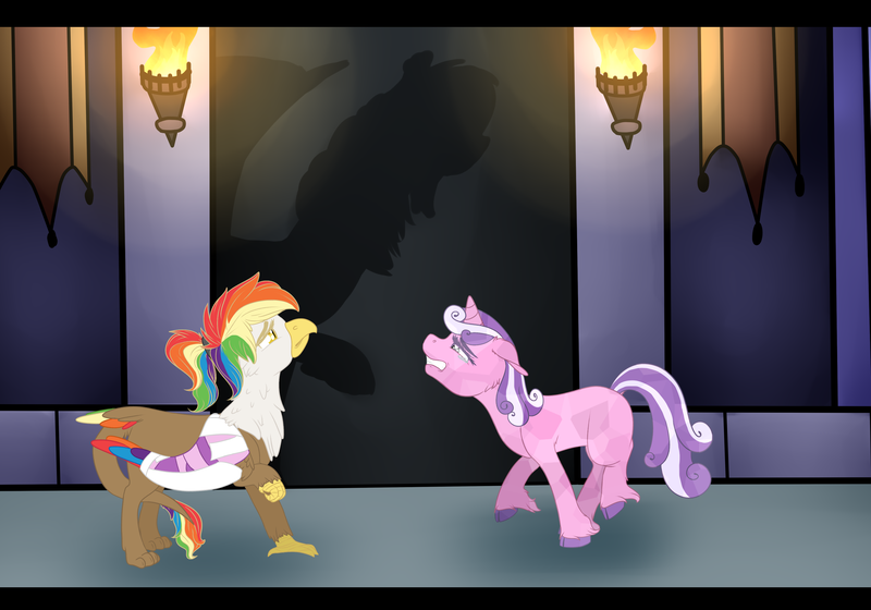 Size: 3808x2665 | Tagged: safe, artist:coulorstrike, derpibooru import, oc, oc:quartz horn, oc:rainbow feather, unofficial characters only, crystal pony, gryphon, pony, unicorn, broken wing, castle, female, filly, interspecies offspring, magical lesbian spawn, offspring, parent:gilda, parent:rainbow dash, parents:gildash, scared, shadow, torch