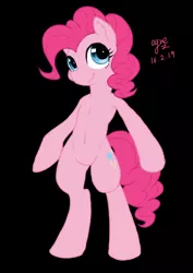 Size: 2480x3507 | Tagged: safe, artist:ogre, derpibooru import, pinkie pie, pony, semi-anthro, belly button, bipedal, black background, pixiv, simple background, solo