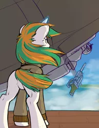 Size: 1280x1656 | Tagged: safe, artist:inlucidreverie, derpibooru import, oc, unofficial characters only, pony, unicorn, roan rpg, airship, clothes, coat, commission, featureless crotch, gun, hero, horn, magic, rear view, weapon