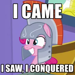 Size: 600x600 | Tagged: caption, cropped, derpibooru import, edit, edited screencap, helmet, i came, image macro, implied orgasm, julius caesar, meme, paraprosdokian, quote, safe, screencap, solo, the one where pinkie pie knows, veni vidi vici