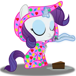 Size: 3000x3000 | Tagged: artist:spellboundcanvas, cake, clothes, cute, derpibooru import, eating, filly, filly rarity, food, footed sleeper, magic, onesie, pajamas, raribetes, rarity, safe, solo
