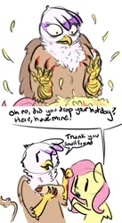 Size: 761x1388 | Tagged: semi-grimdark, artist:nobody, derpibooru import, fluttershy, gilda, gryphon, bait and switch, food, hot dog, implied blood, implied death, ketchup, meat, not what it looks like, sauce, sausage