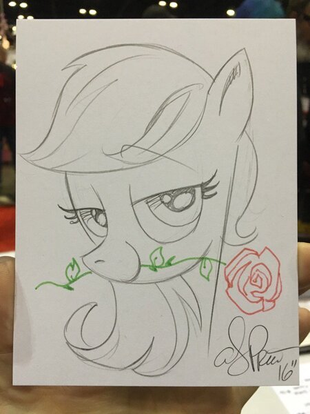 Size: 768x1024 | Tagged: safe, artist:andypriceart, derpibooru import, roseluck, bedroom eyes, flower, rose, solo, traditional art