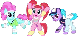 Size: 7935x3687 | Tagged: safe, artist:cheezedoodle96, derpibooru import, azure velour, flashdancer, pacific glow, pony, the saddle row review, .svg available, absurd resolution, baseball cap, bipedal, clothes, dancing, hat, headband, inkscape, leg warmers, motion lines, necklace, pacifier, pants, simple background, svg, tanktop, transparent background, vector, vest, wristband