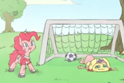 Size: 486x326 | Tagged: safe, artist:raridashdoodles, derpibooru import, fluttershy, pinkie pie, earth pony, pegasus, pony, clothes, cloud, covering, cropped, cute, duo, female, football, goal, goalie, grass, hilarious in hindsight, mare, open mouth, sky, sports, tree