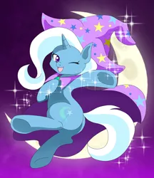 Size: 1836x2128 | Tagged: safe, artist:shiragariria, derpibooru import, trixie, pony, unicorn, crescent moon, cute, diatrixes, female, floating, magic, mare, moon, open mouth, pixiv, raised hoof, solo, transparent moon, wink