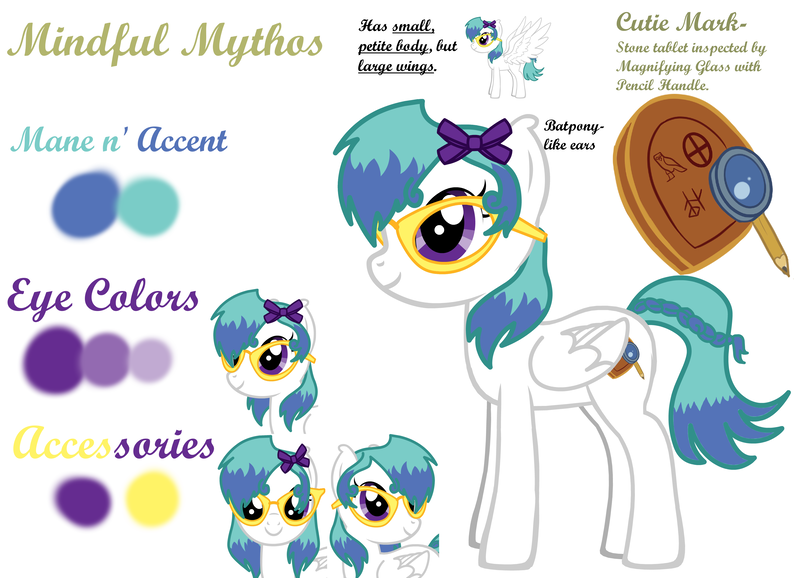 Size: 3600x2600 | Tagged: safe, artist:halfway-to-insanity, derpibooru import, oc, oc:mindful mythos, unofficial characters only, pegasus, pony, pony creator, bow, glasses, hair bow, magnifying glass, reference sheet, solo, stone tablet
