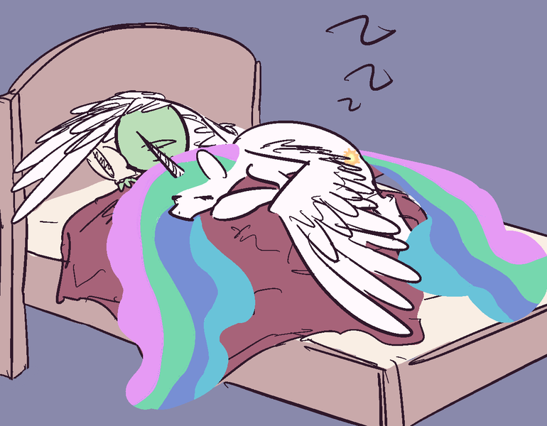 Size: 1243x968 | Tagged: safe, artist:guyalie, artist:nobody, derpibooru import, edit, princess celestia, oc, oc:anon, alicorn, human, pony, bed, cuddling, cute, cutelestia, eyes closed, fimfiction.net link, gray background, hug, human on pony snuggling, missing accessory, prone, simple background, sleeping, snuggling, spread wings, winghug, zzz