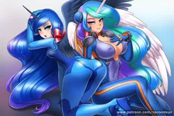 Size: 1000x669 | Tagged: absolute cleavage, artist:racoonsan, ass, bedroom eyes, bodysuit, breasts, busty princess celestia, busty princess luna, choker, chun li, cleavage, clothes, cosplay, costume, derpibooru import, erect nipples, eyeshadow, female, hand on chest, horned humanization, human, humanized, makeup, metroid, moonbutt, nipple outline, nipples, princess celestia, princess luna, ribbon, royal sisters, science fiction, seductive look, seductive pose, sideboob, spandex, street fighter, stupid sexy celestia, stupid sexy princess luna, suggestive, sunbutt, the ass was fat, winged humanization, zero suit