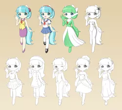 Size: 2000x1800 | Tagged: alternate hairstyle, anthro, artist:jdan-s, clothes, cocobetes, coco pommel, costume, cute, derpibooru import, dress, fashion style, formal, gardevoir, high heels, mary janes, one-piece swimsuit, pajamas, pillow, pleated skirt, pokémon, safe, sailor uniform, school uniform, shoes, skirt, socks, solo, swimsuit, wip, yawn