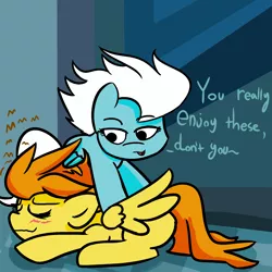 Size: 1750x1750 | Tagged: artist:davierocket, blaze, blazefoot, blushing, derpibooru import, dialogue, fleetfoot, massage, newbie dash, role reversal, safe, wingboner, wonderbolts