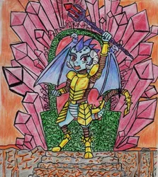 Size: 905x1016 | Tagged: armor, artist:kuroneko, bloodstone scepter, derpibooru import, dragon, dragon lord ember, gauntlet of fire, lava, princess ember, queen, safe, solo, throne, traditional art