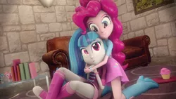 Size: 1920x1080 | Tagged: safe, artist:shadamyfan4evers, derpibooru import, pinkie pie, sonata dusk, equestria girls, 3d, balloon, book, boots, clothes, couch, cupcake, female, food, glomp, high heel boots, hug, lesbian, pinata (ship), shipping, skirt, smiling, source filmmaker