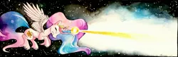 Size: 3220x1044 | Tagged: artist:grendeleev, derpibooru import, eyes closed, flying, gritted teeth, magic, magic blast, princess celestia, safe, solo, stars, traditional art, watercolor painting