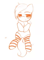 Size: 939x1291 | Tagged: suggestive, artist:alec, derpibooru import, bedroom eyes, clothes, female, monochrome, smiling, socks, solo, solo female, striped socks, tongue out