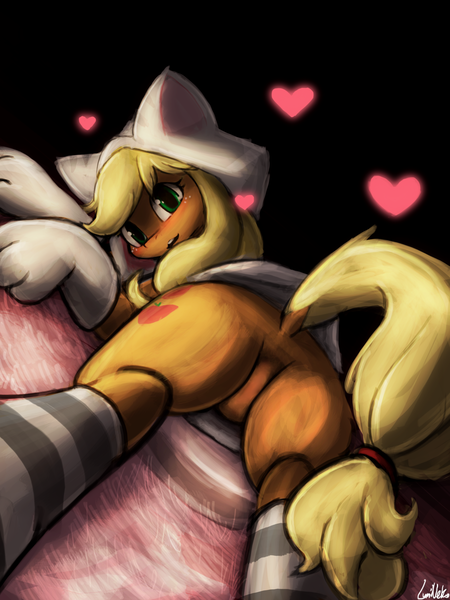 Size: 1440x1920 | Tagged: animal costume, applebucking thighs, applebutt, applecat, applejack, artist:lumineko, blushing, cat ears, cat paws, clothes, derpibooru import, dock, edit, explicit source, featureless crotch, female, heart, hoodie, looking at you, looking back, pixiv, plot, raised tail, sfw edit, socks, solo, solo female, striped socks, suggestive, tail