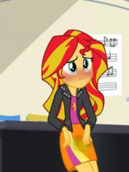 Size: 768x1024 | Tagged: suggestive, artist:peeedits, derpibooru import, edit, edited screencap, screencap, sunset shimmer, equestria girls, rainbow rocks, bad edit, blushing, pee edit, peeing on the floor, pissing, solo, urine, wetting