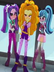 Size: 768x1024 | Tagged: suggestive, artist:peeedits, derpibooru import, edit, edited screencap, screencap, adagio dazzle, aria blaze, sonata dusk, equestria girls, rainbow rocks, blushing, pee edit, peeing on the floor, pissing, the dazzlings, urine, wetting