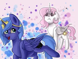 Size: 1600x1200 | Tagged: accessory theft, artist:ognevitsa, cewestia, derpibooru import, female, filly, filly celestia, filly luna, pink-mane celestia, princess celestia, princess luna, safe, woona, younger