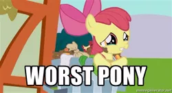 Size: 500x271 | Tagged: abuse, apple bloom, applebuse, background pony strikes again, crying, derpibooru import, edgy, frown, gritted teeth, into the trash it goes, sad, safe, solo, trash can, worst pony