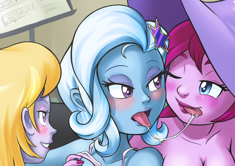 Size: 1617x1143 | Tagged: questionable, artist:shaxbert, derpibooru import, fuchsia blush, lavender lace, trixie, equestria girls, rainbow rocks, breasts, busty fuchsia blush, busty lavender lace, cleavage, drool, drool string, female, females only, group sex, kissing, lesbian, lipstick, sex, shipping, threesome, trixie and the illusions, trixie's hat, trixieblush, trixielace