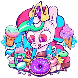 Size: 970x970 | Tagged: safe, artist:burrburro, derpibooru import, princess celestia, cake, cakelestia, candy, color porn, donut, food, heart eyes, licking, licking lips, macaron, solo, tongue out, wingding eyes