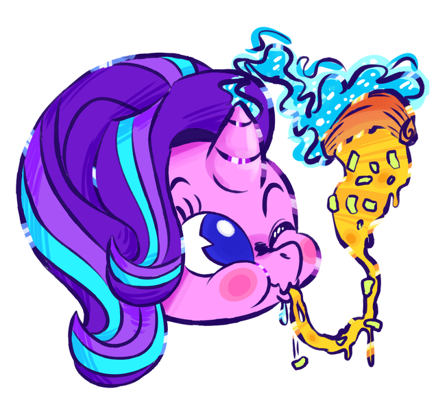 Size: 850x802 | Tagged: dead source, safe, artist:burrburro, derpibooru import, starlight glimmer, pony, unicorn, bust, disembodied head, female, food, full mouth, head, magic, mare, no pupils, one eye closed, pineapple pizza, pizza, portrait, simple background, solo, telekinesis, that pony sure does love pineapple pizza, white background