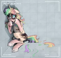Size: 1024x982 | Tagged: grimdark, artist:mymineawesome, derpibooru import, oc, unofficial characters only, pony, unicorn, abuse, black eye, blood, bruised, cornered, cowering, crying, floppy ears, haircut, injured, looking at you, rainbow hair, recording, scared, solo, terrified, this will not end well, tile surface, underhoof