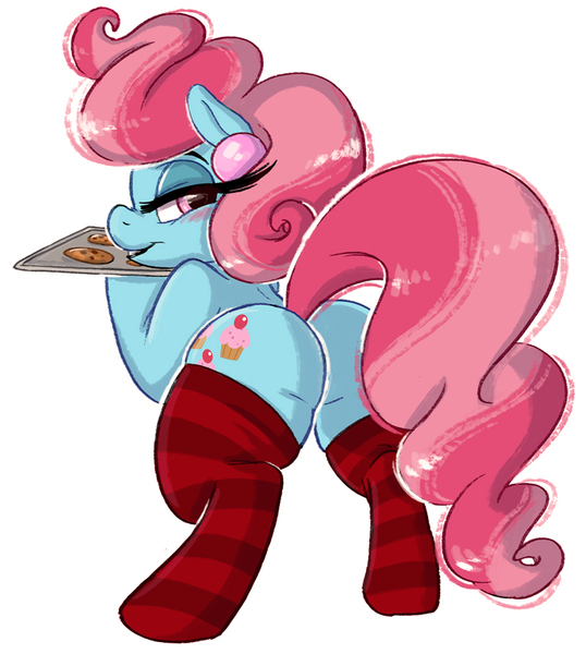 Size: 888x990 | Tagged: artist:prettypinkpony, clothes, cookie, cup cake, derpibooru import, female, food, looking back, plot, socks, solo, solo female, striped socks, suggestive