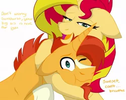 Size: 1024x811 | Tagged: safe, artist:colourstrike, derpibooru import, sunburst, sunset shimmer, pony, unicorn, brother and sister, duo, headcanon, hug, siblings, simple background, sunny siblings, white background