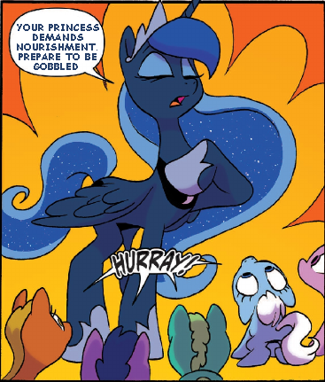 Size: 367x431 | Tagged: artist:jay fosgitt, comic, derpibooru import, dialogue, edit, gobbled, idw, imminent vore, ponies eating ponies, princess luna, safe, text edit, willing vore