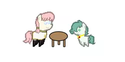 Size: 420x208 | Tagged: safe, artist:pixelanon, derpibooru import, edit, oc, oc:emerald jewel, oc:hope blossoms, unofficial characters only, earth pony, pony, colt quest, 8-bit, adult, age difference, amulet, child, clothes, colt, cute, date, dating, female, happy, male, mare, pixel art, pointy ponies, shipping, simple background, straight, straight shota, table, white background