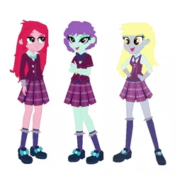 Size: 660x648 | Tagged: safe, artist:peggyandprudencelove, derpibooru import, blueberry pie, derpy hooves, raspberry fluff, equestria girls, friendship games, rainbow rocks, clothes, crystal prep academy uniform, pleated skirt, school uniform, shoes, skirt, socks, the muffins