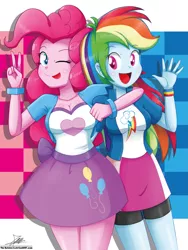 Size: 2047x2729 | Tagged: safe, artist:the-butch-x, derpibooru import, pinkie pie, rainbow dash, equestria girls, beautiful eyes, beautiful hair, bracelet, breasts, busty pinkie pie, busty rainbow dash, cleavage, clothes, compression shorts, couple, couples, cute, diapinkes, female, hot, image, jacket, lesbian, open mouth, peace sign, pinkiedash, png, shipping, shorts, skirt, stupid sexy pinkie, stupid sexy rainbow dash, together, tongue out, waving, wink