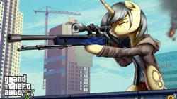 Size: 1920x1080 | Tagged: safe, artist:supermare, derpibooru import, oc, unofficial characters only, pony, unicorn, awp, city, clothes, commission, crossover, cutie mark, grand theft auto, gta v, gun, hoof hold, hooves, horn, male, one eye closed, optical sight, rifle, sitting, sniper rifle, solo, stallion, text, weapon