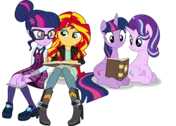 Size: 4166x3000 | Tagged: safe, artist:ruinedomega, derpibooru import, sci-twi, starlight glimmer, sunset shimmer, twilight sparkle, twilight sparkle (alicorn), equestria girls, book, book phone, counterparts, group, inkscape, magical trio, ponyscape, simple background, sitting, transparent background, twilight's counterparts, vector, writing