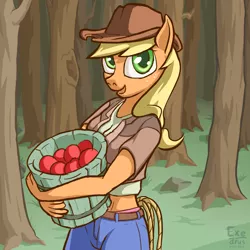 Size: 1536x1536 | Tagged: anthro, apple, applejack, artist:exedrus, bucket, clothes, cowboy hat, derpibooru import, female, food, forest, hat, looking at you, midriff, outdoors, panties, pink underwear, rope, safe, smiling, solo, stetson, tree, underwear